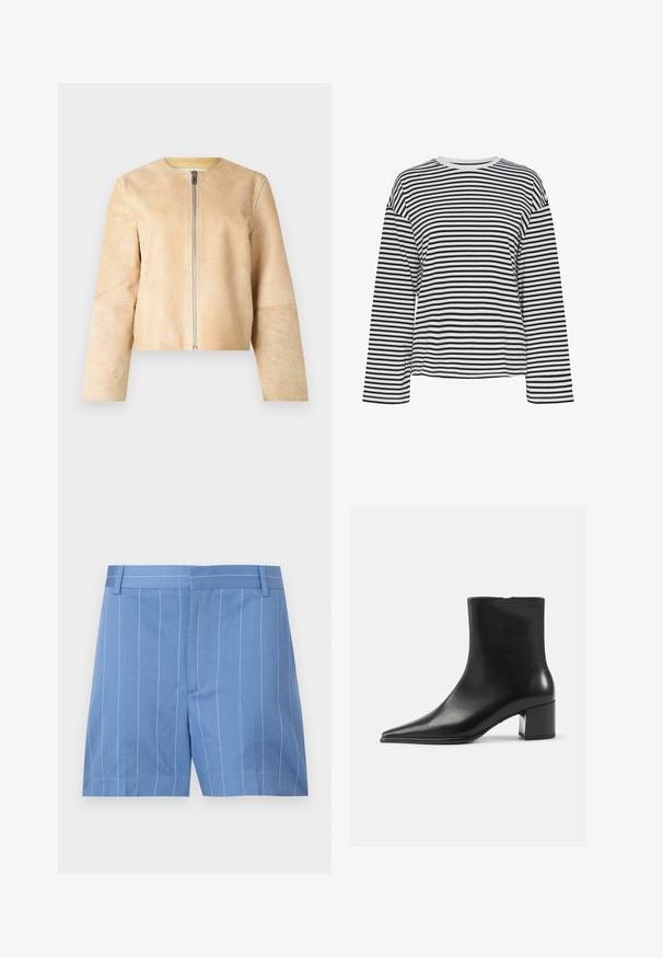 Chaqueta de cuero beige con cuello redondo y cremallera plateada. Textura suave, mangas largas y diseño corto.; Camisa de manga larga a rayas en blanco y negro con cuello redondo. Tejido suave, corte relajado y acentos de cuello en contraste.; Pantalones cortos azul claro con rayas verticales blancas, que cuentan con una textura suave, frente plano y una cinturilla estándar con pasadores para cinturón.; Bota negra de cuero hasta el tobillo con punta afilada, textura suave y tacón mediano. Diseño minimalista, cierre con cremallera en la parte posterior.