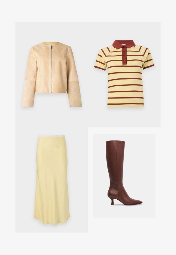Beige leren jas met een ronde hals en zilveren rits. Gladde textuur, lange mouwen en cropped ontwerp.; Geel polo-shirt met maroon horizontale strepen, geribbelde kraag en drie knopen. Korte mouwen met contrasterende manchetten.; Lichtgele satijnen midi-rook met een gladde textuur, uitlopende ontwerp en elastische tailleband, met een subtiele glans.; Bruine leren kniehoge laars met een spitse neus en taps toelopende hak. Gladde textuur zonder zichtbare patronen of hardware-accenten.