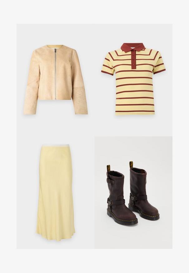 Beige Lederjacke mit rundem Ausschnitt und silbernem Reißverschluss. Glatte Textur, lange Ärmel und kürzerer Schnitt.; Gelbes Poloshirt mit kastanienbraunen horizontalen Streifen, geripptem Kragen und drei Knöpfen. Kurze Ärmel mit kontrastierenden Bündchen.; Helle gelbe Satin-Midirock mit glatter Textur, ausgestelltem Design und elastischem Bund, der einen subtilen Glanz aufweist.; Braune Lederstiefel mit einem Design bis zur Mitte des Wadens, ausgestattet mit einem Riemen und einer Schnalle, einer dicken schwarzen Sohle und gelben Nähakzenten.