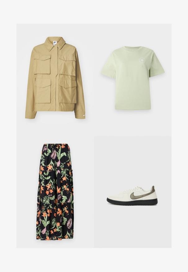 Jachetă bej, ușoară, cu guler clasic, multiple buzunare pe piept și mâneci lungi. Prezintă logo-ul Nike pe mâneca stângă.; Tricou din bumbac verde deschis, cu guler rotund, mâneci scurte și un print grafic circular pe piept. Textură moale, croi lejer.; Fustă maxi florală neagră cu flori portocalii și roz, frunze verzi, talie elastică și design în straturi. Material ușor cu o textură fluidă.; Nike Sportswear FIELD GENERAL - Sneakers low - off-white/black