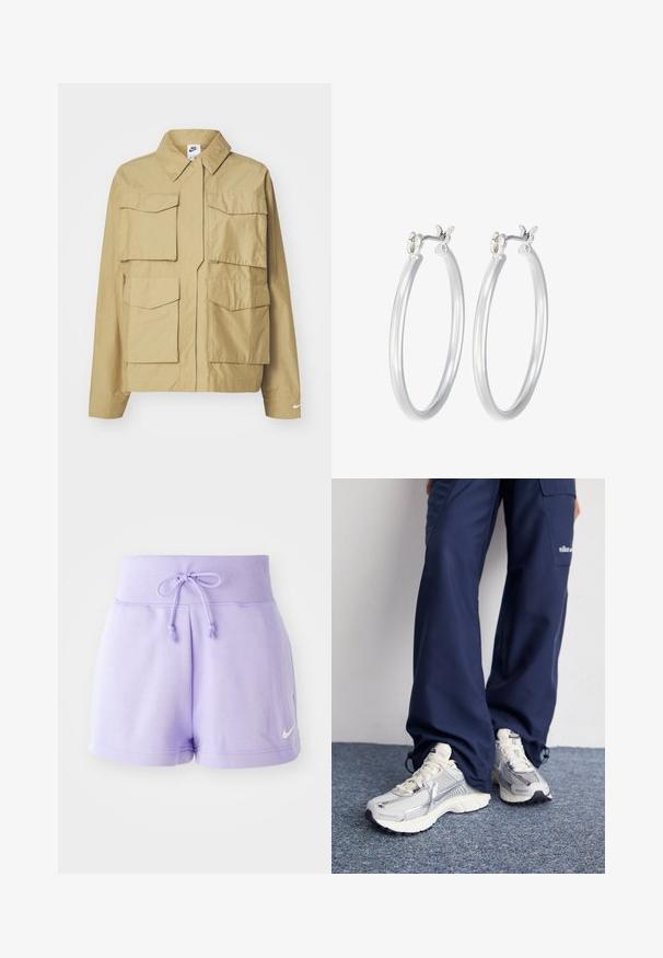 Béžová, ľahká bunda s klasickým golierom, viacerými náprsníkmi a dlhými rukávmi. Na ľavom rukáve sa nachádza logo Nike.; Skraćené tričko svetloružovej farby, vyrobené z mäkkej tkaniny. Má okrúhly výstrih a krátke rukávy s malým bielym logom Nike na hrudi.; Levanduľové dámske šortky vyrobené z mäkkého bavlneného materiálu, s elastickým pásom a šnúrkou, a malým bielym logom Nike na leme.; Športové topánky Nike s strieborným sieťovaným zvrškom, bielymi detailmi a textúrovanými podrážkami, skombinované s voľnými námorníckymi nohavicami.; Strieborné kruhové náušnice s hladkým, lesklým povrchom. Kolový tvar a bezpečné klikanie na uzatváranie. Ľahký dizajn vhodný na každodenné nosenie.