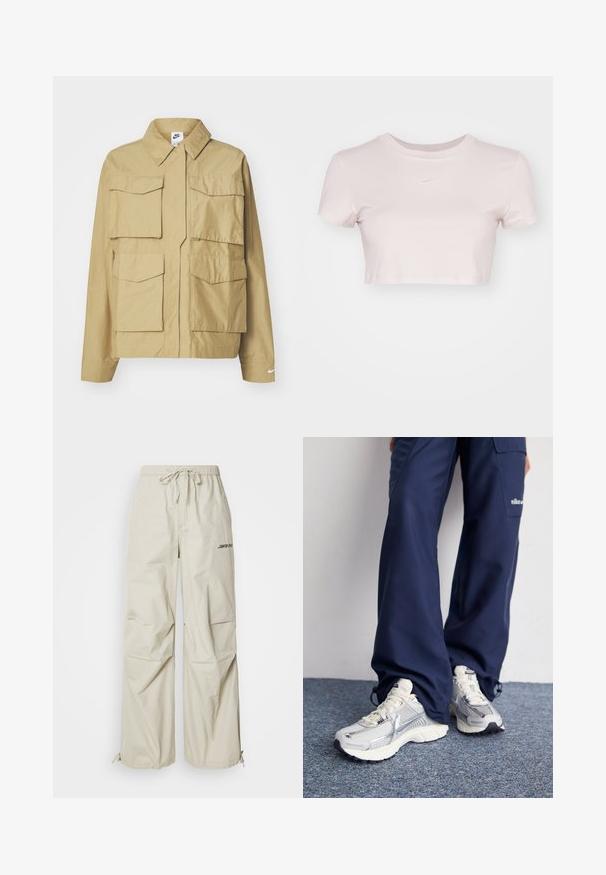 Beige színű, könnyű dzseki klasszikus gallérral, több mellzsebbel és hosszú ujjakkal. A bal kéz ujján Nike logó található.; Rövid ujjú, világos rózsaszín, vágott póló, puha anyagból készült. Kerek nyakkivágással és kis fehér Nike logóval rendelkezik a mellrészen.; Beige, bő szárú nadrág könnyű anyagból. Gumírozott derékrésszel és húzózsinórral, az oldalon nyomtatott logóval.; Nike sportcipők ezüst hálós felsőrésszel, fehér kiegészítőkkel és texturált talppal, lazán illeszkedő sötétkék nadrággal párosítva.