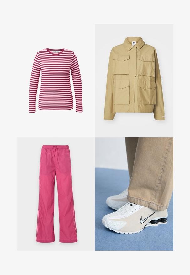 Beige, leichtgewichtige Jacke mit klassischem Kragen, mehreren Brusttaschen und langen Ärmeln. Mit Nike-Logo am linken Ärmel.; Langärmliges Oberteil in burgunderrot und hellrosa Streifen, geripptes Material, runder Ausschnitt, taillierte Passform und weicher Stoff.; Leichte, rosa Hosen mit Gummizug in der Taille, weitem Bein und weißen Seitestreifen. Glatte Textur, geeignet für die Freizeit.; Weiße und beigefarbene Nike-Sneaker mit durchlöchertem Design, schwarzem Swoosh-Logo, strukturiertem Obermaterial und auffälliger, federnder schwarzer Ferse.