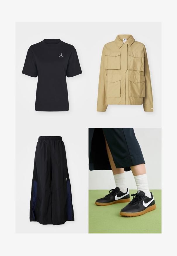 Veste beige légère avec un col classique, plusieurs poches poitrine et des manches longues. Dotée du logo Nike sur la manche gauche.; T-shirt en coton noir à col rond et manches courtes. Avec un logo Jumpman blanc sur la poitrine gauche. Texture lisse, coupe classique.; Pantalons larges noirs en tissu léger, avec un panneau latéral bleu marine et une taille élastique. Petit logo blanc en bas.; Baskets noires en cuir et synthétique avec le swoosh blanc de Nike, semelle en caoutchouc, bout rond et lacets noirs. Chaussettes blanches côtelées visibles.