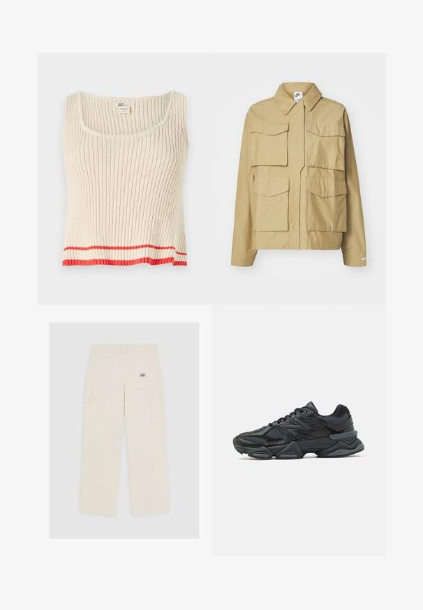 Chaqueta ligera beige con cuello clásico, múltiples bolsillos en el pecho y mangas largas. Presenta el logo de Nike en la manga izquierda.; Top de tirantes de color crema con cuello redondo y una franja horizontal roja en el dobladillo. Tejido suave y texturizado con un corte relajado.; Pantalones cargo color beige claro, fabricados en algodón, con un corte recto, múltiples bolsillos y un pequeño logo de la marca en el bolsillo trasero.; Zapatilla de running negra que presenta una combinación de malla y materiales sintéticos, suela gruesa, diseño curvado y una marca prominente en el costado.