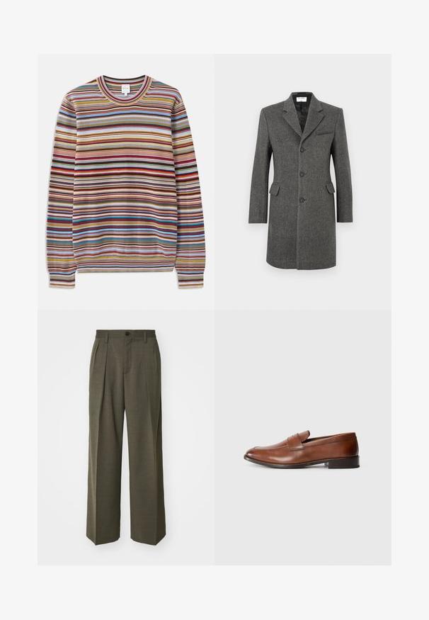 Jednoradový tmavošedý vlněný kabát s třemi knoflíky, klopovým límcem, dvěma klopovými kapsami a jednou náprsní kapsou na bílém pozadí.; Prúžkovaný sveter s okrúhlym výstrihom, vyrobený z textúrovanej látky s viacfarebnými horizontálnymi prúžkami v červenej, modrej, žltej a hnedej farbe.; Filippa K WIDE TROUSERS - Nohavice - driftwood; Hnedé kožené mokasíny s okrúhlou špičkou, minimálnym prešívaním a nízkym blokovým podpätkom. Obsahujú dekoratívny remienok naprieč hornou časťou.
