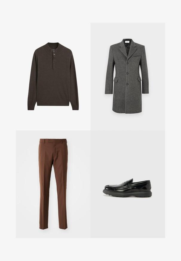 Jednoduchý tmavě šedý vlněný kabát s jedním knoflíkem, klopou, dvěma klopovými kapsami a jednou náprsní kapsou na bílém pozadí.; Hnědý pulovr s dlouhým rukávem a vysokým límcem, s knopovou legou se třemi knoflíky. Vyrobený z měkké látky, má hladký povrch a vroubkované manžety.; Hnědé kalhoty s rovnými nohavicemi, hladkým povrchem a poutky na opasek. Bez viditelných vzorů nebo kovových detailů.; Černé kožené mokasíny s lesklým povrchem, kulatou špičkou, nenápadnými švy a silnou gumovou podrážkou pro odolnost.