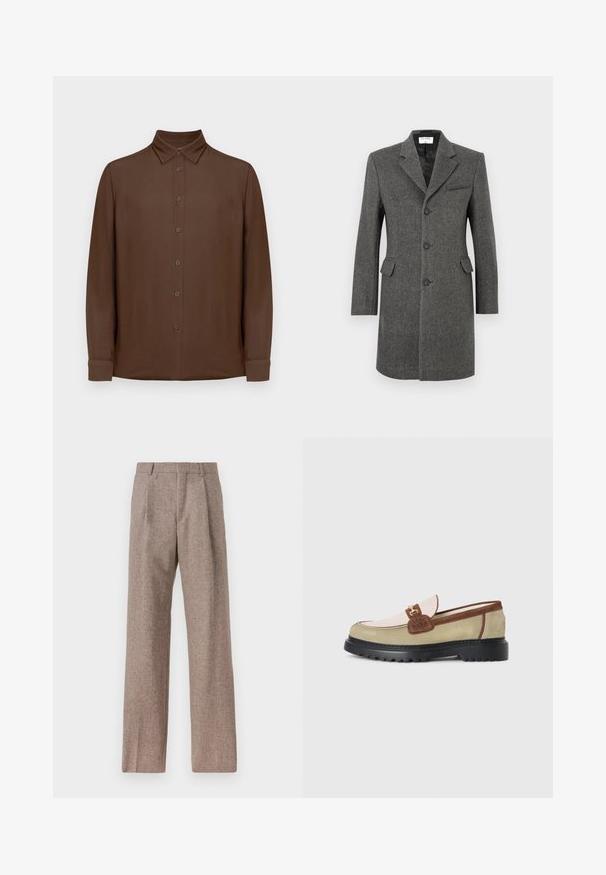 En enkelknäppt mörkgrå ullkappa med tre knappar, notch-krage, två fickor med lock och en bröstficka på vit bakgrund.; Långärmad brun skjorta med knappar, med krage och manschetter, uppställd platt mot en vit bakgrund.; Bruna, högmidjade byxor i texturerat tyg. Har vida ben och två framvikningar för struktur. Välavslutad utan synlig hårdvara.; Loafer med beige, ljusrosa och bruna mocka paneler, accentuerad med ett guldmetallspänne och tjock sula i svart gummi med mönstrad sula.