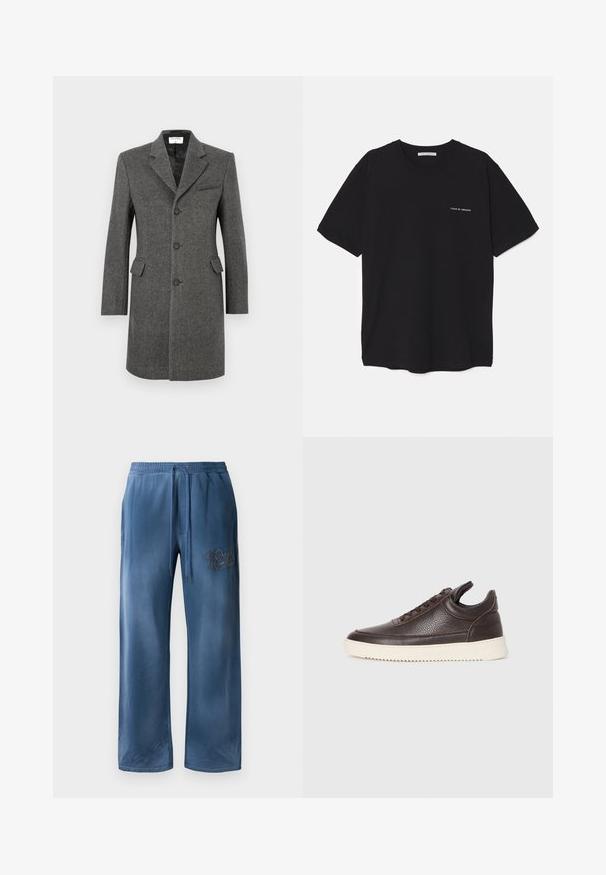 Jednoradový tmavošedý vlněný kabát s třemi knoflíky, klopovým límcem, dvěma klopovými kapsami a jednou náprsní kapsou na bílém pozadí.; Čierne bavlnené tričko s okrúhlym výstrihom, krátkymi rukávmi a bielou potlačou loga na ľavej hrudi. Jednoduchý, jednoliaty dizajn.; Modré sametové nohavice s širokými nohavicami, elastickým pásom, šnúrkou na zaviazanie, bočnými vreckami a vyšívaným logom na pravej stehne.; Tmavohnedá textúrovaná kožená teniska s šnurovaním a bielou zvrškovou gumovou podrážkou na jednoduchom svetlom pozadí.
