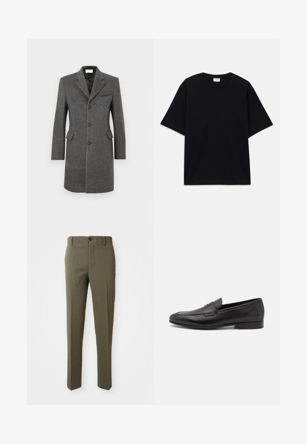 Enojena temno siva volnena plašč z enim gumbom, s tremi gumbi, reževo ovratnico, dvema žepoma na preklop in enim prsnim žepom na belem ozadju.; Črno kratkotrajno široko T-shirt s krožnim izrezom in vidno blagovno znamko Filippa K znotraj ovratnika.; Olive zelene krojene hlače z gladko teksturo, ravnim krojem nogavice, enim sprednjim gumbom in stranskimi žepi za funkcionalnost.; Moški črni usnjeni loafer s nizkim peto in klasičnim penny trakom, prikazan v bočnem profilu na belem ozadju.
