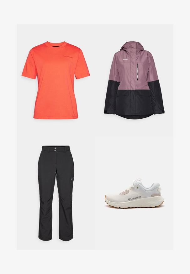 Fioletowa i czarna wodoodporna kurtka z kapturem, wyposażona w dwie przednie kieszenie, kieszeń na piersi oraz zamek błyskawiczny do regulacji dopasowania.; Korala krótki rękaw T-shirt wykonany z bawełny. Okrągły dekolt z detalem logo na klatce piersiowej. Gładka faktura i regularny krój.; Czarne spodnie outdoorowe o prostym kroju, z zapięciem na guzik, zapinanymi na zamek bocznymi kieszeniami oraz naszywką z logo na lewej udzie.; Lekkie sportowe buty Columbia w białej siateczce z teksturowaną szaro-skalną podeszwą i gumowym bieżnikiem. Posiadają wyściełany kołnierz oraz klasyczny sznurowany design.