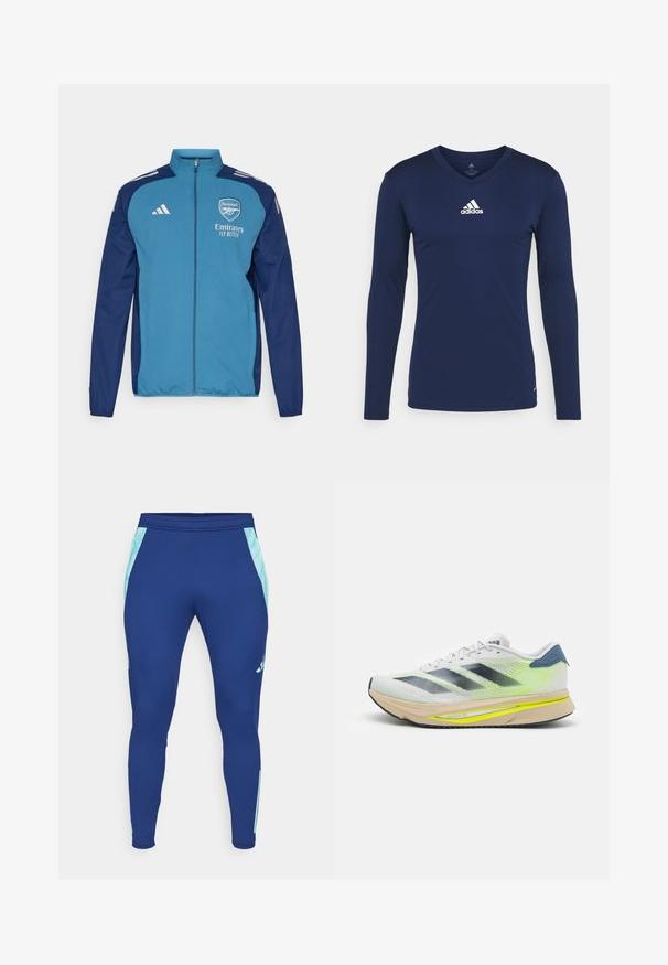 Blauwe en marineblauwe zip-up jas met het Arsenal-logo, "Emirates" branding en witte Adidas-strepen op de schouders. Glad materiaal, sportieve pasvorm.; Marineblauw sportshirt met lange mouwen, gemaakt van textuurstof, met een V-hals en een wit Adidas-logo op de borst. Eenvoudig ontwerp, nauwsluitende pasvorm.; Marineblauwe sportleggings gemaakt van rekbaar materiaal, met lichtblauwe zijpanelen en een aansluitend ontwerp met een smalle enkelboord.; adidas Performance ADIZERO SL2 - Hardloopschoenen voor op de weg - dash grey/core black/lucid lemon