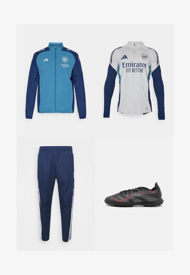 Giacca blu e navy con zip, caratterizzata dal logo dell'Arsenal, branding "Emirates" e strisce bianche Adidas sulle spalle. Tessuto morbido, taglio atletico.; Maglia a maniche lunghe bianca con accenti blu navy, colletto a mezza zip, con il logo "Emirates Fly Better" e il simbolo del club Arsenal.; Pantaloni da jogging sportivi navy con fascia in vita elasticizzata, gambe affusolate e strisce bianche sui lati. Realizzati in tessuto leggero e morbido.; Scarpini da calcio neri con accenti rossi, tomaia sintetica testurizzata, chiusura con lacci e tacchetti in gomma per trazione. Presenta un design elegante e aerodinamico.