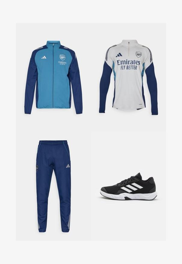 Blaue und marineblaue Zip-Jacke mit Arsenal-Logo, "Emirates"-Branding und weißen Adidas-Streifen auf den Schultern. Glatte Textur, athletischer Schnitt.; Weißes Langarm-Jersey mit marineblauen Akzenten, halber Reißverschluss am Kragen, versehen mit dem Logo "Emirates Fly Better" und dem Vereinswappen von Arsenal.; Marineblaue Jogginghosen aus leichtem Material, mit blauen Akzenten, Logo-Patch und drei weißen Streifen entlang der Unterschenkel.; Schwarze Sportschuhe mit einem strukturierten Mesh-Obermaterial, weißen Akzentstreifen, einer gepolsterten Sohle und einer verstärkten Ferse für Unterstützung.