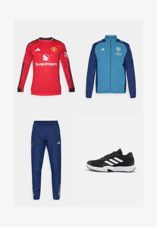 Giacca blu e navy con zip, caratterizzata dal logo dell'Arsenal, branding "Emirates" e strisce bianche Adidas sulle spalle. Tessuto morbido, taglio atletico.; Maglia da calcio rossa a maniche lunghe con accenti neri, design a scollo a V, logo Adidas, stemma del Manchester United e testo "Snapdragon" sul fronte.; Pantaloni jogger navy realizzati in tessuto leggero, con un accento blu, patch con logo e tre strisce bianche lungo le gambe inferiori.; Scarpe da ginnastica nere con una tomaia in mesh texturizzata, strisce bianche di accento, suola imbottita e tallone rinforzato per supporto.