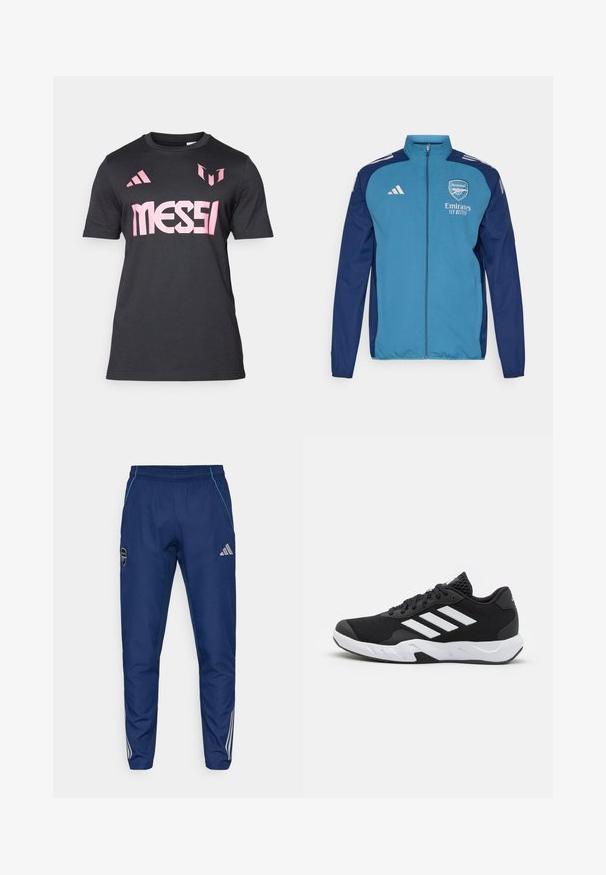 Μπλε και ναυτικό ζακέτα με φερμουάρ, διακοσμημένη με το λογότυπο της Άρσεναλ, την επωνυμία "Emirates" και λευκές ρίγες της Adidas στους ώμους. Λείο ύφασμα, αθλητική εφαρμογή.; Μαύρο κοντό μανίκι μπλουζάκι φτιαγμένο από ελαφρύ ύφασμα, με έντονο ροζ λογότυπο "MESSI" και λεπτομέρειες Adidas στους ώμους.; Ναυτικές φόρμες τζόγκερ φτιαγμένες από ελαφρύ υλικό, με μπλε λεπτομέρεια, λογότυπο και τρεις λευκές ρίγες κατά μήκος των κάτω ποδιών.; Μαύρα αθλητικά παπούτσια με υφασμάτινη άνω επιφάνεια κώνου, λευκές διακοσμητικές ρίγες, μαξιλαρωτή σόλα και ενισχυμένη φτέρνα για στήριξη.