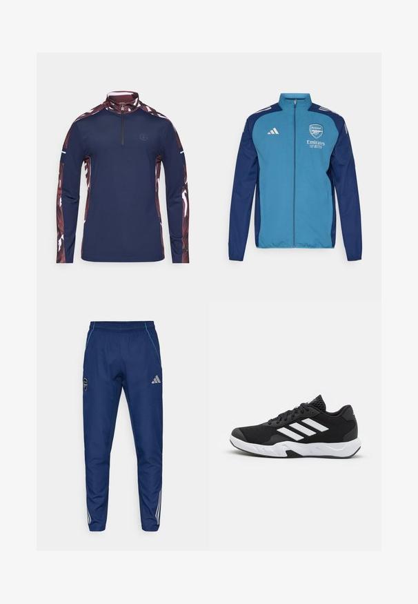 Sininen ja laivastonsininen vetoketjullinen takki, jossa on Arsenal-logo, "Emirates"-brändäys ja valkoiset Adidas-raidat hartioilla. Sileä pinta, urheilullinen malli.; Musta pitkähihaisen pusero, jossa on neljänneksen vetoketju kauluksessa. Ominaisuuksiin kuuluvat kuvioidut viininpunaiset hihat valkoisilla yksityiskohdilla sekä pieni logo rinnassa.; Laivastonsiniset juoksuhousut, jotka on valmistettu kevyestä kankaasta. Housuissa on sininen yksityiskohta, logo-ommel ja kolme valkoista raitaa alavarsissa.; Mustat urheilukengät, joissa on teksturoitu verkkomateriaali yläosassa, valkoiset korostusraidat, pehmustettu pohja ja vahvistettu kanta tuen vuoksi.