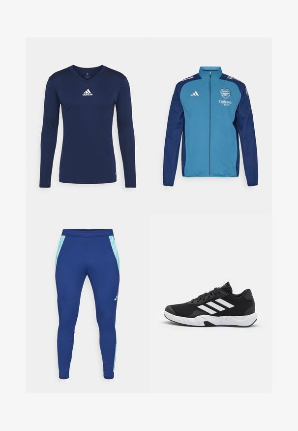 Veste zippée bleu et marine avec le logo d'Arsenal, le marquage "Emirates" et des bandes blanches Adidas sur les épaules. Texture lisse, coupe athlétique.; T-shirt de sport à manches longues bleu marine en tissu texturé, avec un col en V et un logo Adidas blanc sur la poitrine. Design simple, coupe ajustée.; Leggings de sport bleu marine en matériau extensible, avec des panneaux latéraux bleu clair et un design ajusté avec un poignet étroit à la cheville.; Baskets de sport noires avec une tige en mesh texturé, des rayures blanches, une semelle rembourrée et un talon renforcé pour le soutien.