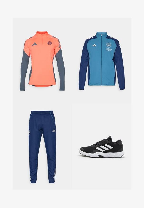 Mėlynas ir tamsiai mėlynas užtrauktuku užsegamas šalikas su Arsenal logo, "Emirates" prekiniu ženklu ir baltais Adidas dryžiais ant pečių. Lygi tekstūra, sportiškas kirpimas.; Oranžinis sportinis marškinėlis su ilgais pilkais rankovėmis, pusiau užtraukiama apykakle, Adidas logotipais ir FC Bayern Munich emblemą ant krūtinės. Lygus audinys, modernus dizainas.; Jūriniai džinsai pagaminti iš lengvos medžiagos, turintys mėlyną akcentą, logotipo etiketes ir tris baltas juosteles palei apatines kojas.; Juodi sportiniai batai su tekstūruotu tinkliniu paviršiumi, baltais akcentų dryžiais, paminkštintu padu ir sustiprintu kulnu paramai.
