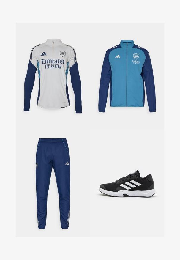 Modrá a námořnická zipová bunda s logem Arsenalu, brandingem "Emirates" a bílými pruhy Adidas na ramenou. Hladká textura, atletický střih.; Bílý dlouhý rukáv dres s námořnickými modrými akcenty, polo-zip výstřih, se štítkem "Emirates Fly Better" a znakem klubu Arsenal.; Navy jogger kalhoty vyrobené z lehkého materiálu, s modrým akcentem, logem a třemi bílými pruhy na spodní části nohavic.; Černé sportovní boty s texturovaným síťovaným svrškem, bílými akcentními pruhy, polstrovanou podrážkou a vyztuženým patem pro podporu.