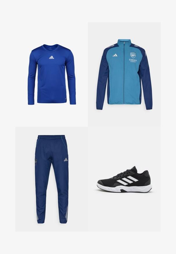 Sininen ja laivastonsininen vetoketjullinen takki, jossa on Arsenal-logo, "Emirates"-brändäys ja valkoiset Adidas-raidat hartioilla. Sileä pinta, urheilullinen malli.; Pitkähihainen sininen urheilupaita, joka on valmistettu kosteutta siirtävästä kankaasta. Paita on varustettu v-kaula-aukolla ja rinnassa on valkoinen Adidas-logo.; Laivastonsiniset juoksuhousut, jotka on valmistettu kevyestä kankaasta. Housuissa on sininen yksityiskohta, logo-ommel ja kolme valkoista raitaa alavarsissa.; Mustat urheilukengät, joissa on teksturoitu verkkomateriaali yläosassa, valkoiset korostusraidat, pehmustettu pohja ja vahvistettu kanta tuen vuoksi.