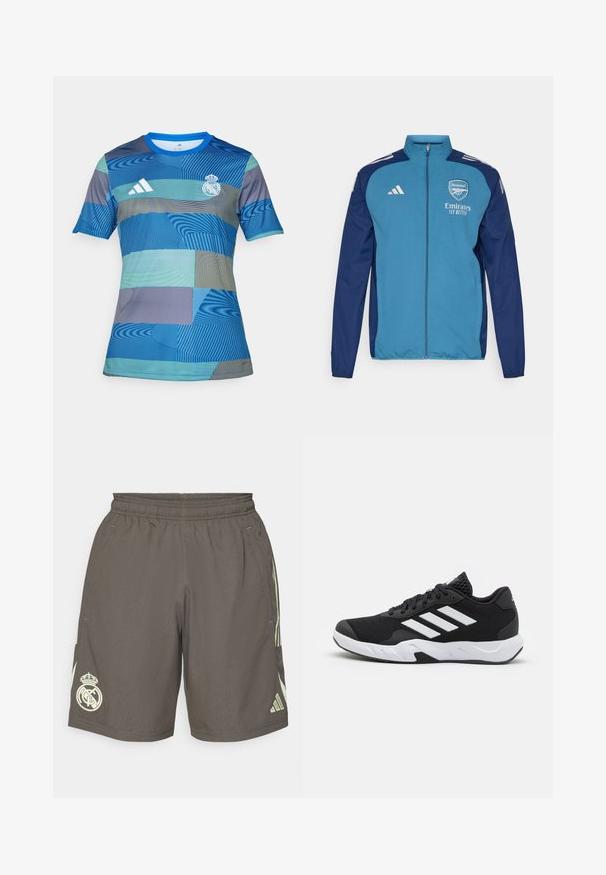 Modrá a námornícka zipsová bunda s logom Arsenalu, brandingom "Emirates" a bielymi pruhmi Adidas na ramenách. Hladká textura, športový strih.; Modrá futbalová dres s geometrickým vzorom v rôznych odtieňoch modrej a zelenej, s krátkymi rukávmi, okrúhlym výstrihom a logom Adidas.; Šedé športové šortky s elastickým pásom, svetlozelenými bočnými pruhmi a bielym logom Real Madrid na ľavom leme.; Čierne športové topánky s textúrovaným sieťovinovým zvrškom, bielymi akcentovými pruhmi, polstrovanou podrážkou a spevneným pätou pre podporu.