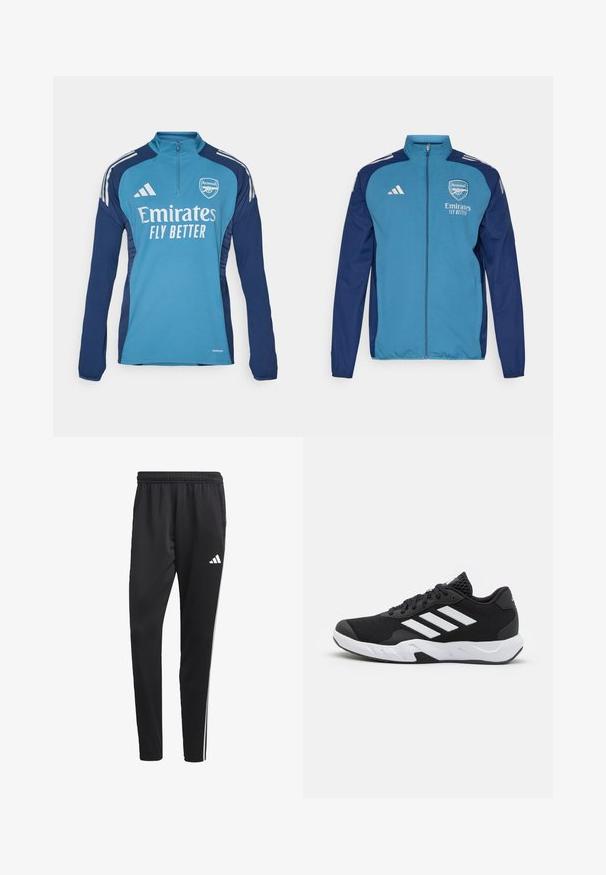 Giacca blu e navy con zip, caratterizzata dal logo dell'Arsenal, branding "Emirates" e strisce bianche Adidas sulle spalle. Tessuto morbido, taglio atletico.; Maglietta sportiva blu a maniche lunghe con collo a zip, con logo dell'Arsenal e il testo "Emirates FLY BETTER", con pannelli laterali blu navy e strisce bianche.; Pantaloni sportivi neri con una cintura elastica, strisce laterali bianche e un piccolo logo bianco sulla coscia. Realizzati in un materiale liscio e leggero.; Scarpe da ginnastica nere con una tomaia in mesh texturizzata, strisce bianche di accento, suola imbottita e tallone rinforzato per supporto.