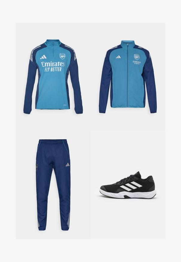 Blå og marineblå hettejakke med glidelås som har Arsenal-logo, "Emirates"-merkevare og hvite Adidas-striper på skuldrene. Glatt tekstur, atletisk passform.; Blå langermet treningstrøye med glidelås i nakken, med Arsenal-logo og teksten "Emirates FLY BETTER", samt marineblå sidestykker og hvite striper.; Marine joggebukser laget av lett stoff, med blå aksent, logo-lapp og tre hvite striper langs underbena.; Sorte joggesko med teksturert mesh-overdel, hvite aksentstriper, en polstret såle og en forsterket hæl for støtte.