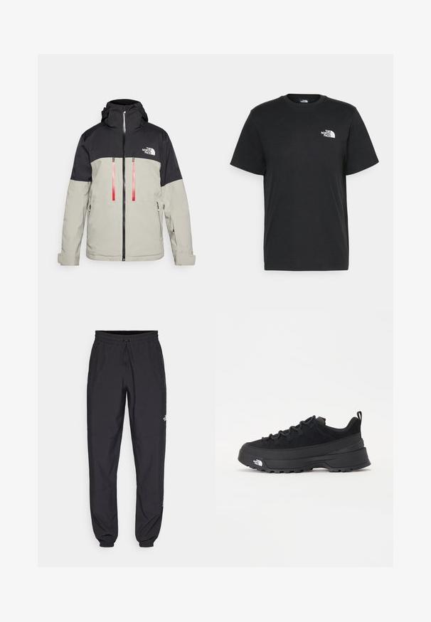 Jachetă impermeabilă pentru bărbați, cu o secțiune superioară neagră, o secțiune inferioară gri deschis, două buzunare frontale cu fermoar și accente roșii la fermoare.; Tricou negru din bumbac, cu mâneci scurte, guler rotund și un mic logo alb pe pieptul stâng. Design simplu, textură netedă și croială lejeră.; Pantaloni atletici negri, confecționați dintr-un material ușor, cu un tiv elastic la talie, buzunare laterale și tivuri ajustate la gleznă.; Tenisi de exterior negri cu superior din daim, talpă din cauciuc texturat și sistem de șireturi solid. Prezintă un călcâi întărit și un logo al mărcii pe lateral.