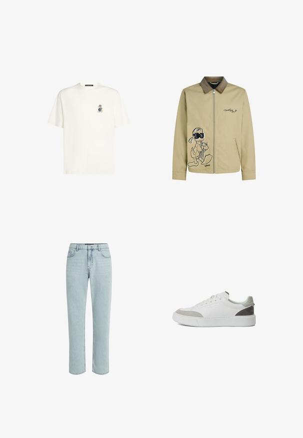 Vaaleanbeige takki, jossa on vakosamettikaulus, edessä musta sarjakuvahahmo-embroidointi ja vetoketjukiinnitys.; Valkoinen puuvillapaita, jossa on pieni värillinen graafinen kuvasto hahmosta vasemmassa rinnassa. Pyöreä pääntie ja lyhyet hihat.; KARL LAGERFELD DISNEY STRAIGHT-FIT - Straight leg -farkut - light blue denim; KARL LAGERFELD SNEAKER MAXI KUP - Matalavartiset tennarit - white grey