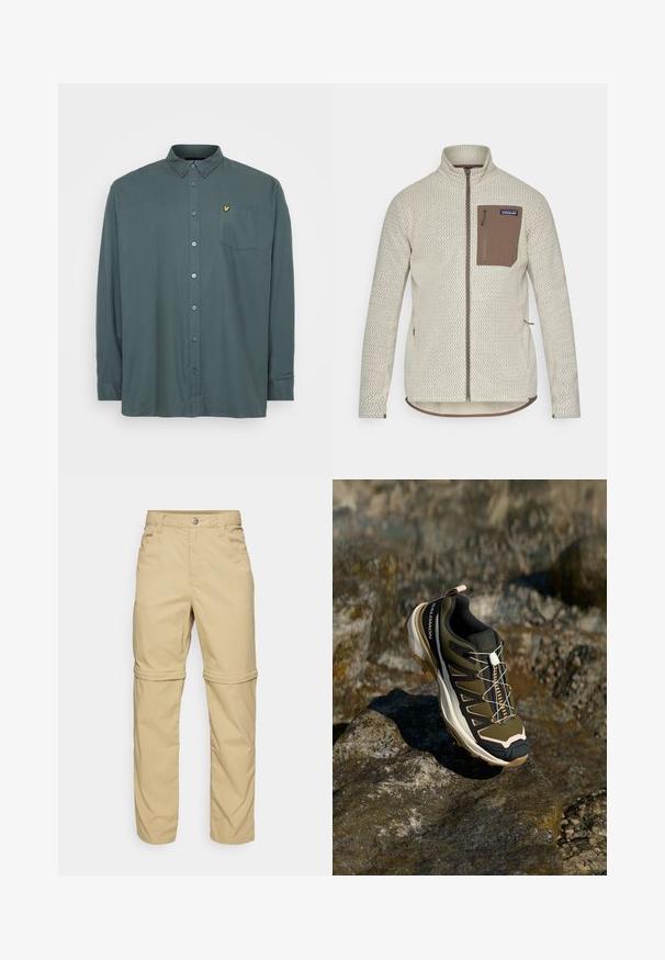 Šviesiai smėlinis švarkas su tekstūriniu raštu, rudos spalvos kišenė su užtrauktuku ant krūtinės ir kontrastingomis rudos spalvos užtrauktuko detalėmis. Ilgos rankovės, aukštas apykaklė.; Tamsiai žalios medvilnės ilgarankovė marškinių palaidinė, su krūtine kišene ir mažu gelsvu logotipu kairėje pusėje. Dangos tekstūra lygi.; Šviesiai rudos kelnių su užtrauktuku, turinčių lygų paviršių, su dviem šoninėmis kišenėmis, mygtuko uždarymu ir sukabinamais kelnių galais, kad būtų galima naudoti įvairiai.; Žygio batai olivų žalios ir juodos spalvos su rožiniais akcentais. Turi tekstūruotą viršutinę dalį, lankstų pado tipą, sustiprintą pirštų dalį ir spalvingą raištelių sistemą.