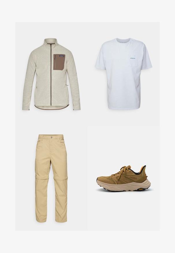 Svetle béžová bunda s texturovaným vzorem, hnědým zipovým náprsním kapsou a kontrastními hnědými detaily na zipu. Dlouhé rukávy, stojáček.; Bílá bavlněná tričko s krátkými rukávy, kulatým výstřihem a kapsou na levé straně hrudi, která má modré logo "Patagonia". Klasický střih s hladkou strukturou.; Béžové kalhoty se zipem, hladkého povrchu, s dvěma bočními kapsami, knoflíkovým zapínáním a ohrnovacími manžetami pro všestranné použití.; HOKA ANACAPA 2 FREEDOM - Trekingové boty - wheat/oak