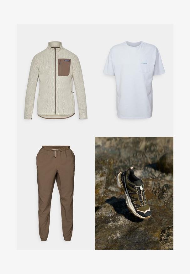 Svetlo bež jakna s teksturiranim vzorcem, rjavim žepom na zadrgo na prsih in kontrastnimi rjavimi zadrgami. Dolgi rokavi, ovratnik stoje.; Bela bomba majica iz bombaža s kratkimi rokavi, okroglo ovratnikom in žepom na levi strani prsi, ki ima modri logo "Patagonia". Klasičen kroj z gladko teksturo.; Braje jogger hlače z elastičnim pasom in vrvico, s tapered nogami in diskretnim sijajem, narejene iz lahke, gladke tkanine.; Pohodni čevlji v olivno zeleni in črni barvi s poudarki v roza. Imajo teksturirano zgornji del, fleksibilno podplat, ojačan zaščitni del za prste in barvit sistem vezalk.