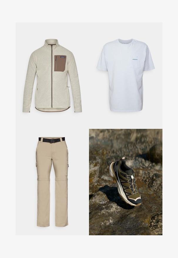 Chaqueta de un beige claro con un patrón texturizado, un bolsillo en el pecho con cremallera marrón y detalles de cremallera marrón en contraste. Manga larga, collar de pie.; Camiseta de algodón blanca de manga corta, con cuello redondo y un bolsillo en el pecho izquierdo que presenta un logotipo azul de "Patagonia". Corte clásico con una textura suave.; Pantalones cargo beige con función de desmontaje y un cinturón negro. Hechos de material ligero, con bolsillos a ambos lados y un diseño de pierna recta.; Zapato de senderismo en verde oliva y negro con toques de rosa. Cuenta con una parte superior texturizada, suela flexible, capuchón de punta reforzado y un sistema de cordones colorido.
