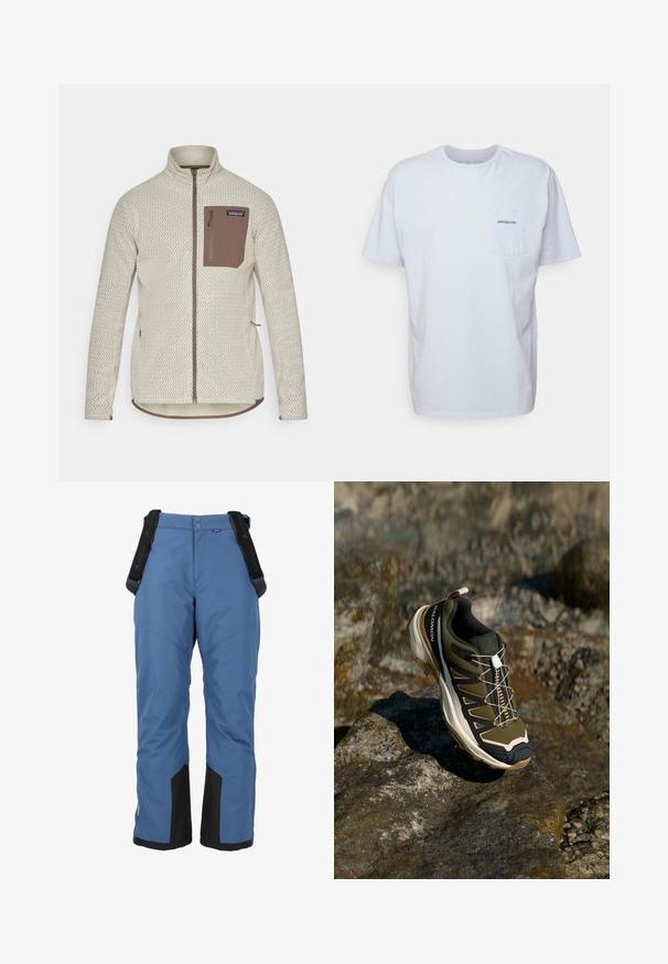 Hellbeige Jacke mit strukturiertem Muster, einer braunen Reißverschlusstasche auf der Brust und kontrastierenden braunen Reißverschlüssen. Lange Ärmel, Stehkragen.; Weißes Baumwoll-T-Shirt mit kurzen Ärmeln, Rundhalsausschnitt und einer linken Brusttasche, die ein blaues "Patagonia"-Logo aufweist. Klassische Passform mit glatter Textur.; Blaue Schneehosen mit verstellbaren Hosenträgern, weichem Material, verstärkten schwarzen Akzenten an den unteren Beinen und einem Knopfverschluss an der Taille.; Wanderschuh in Olivgrün und Schwarz mit pinken Akzenten. Verfügt über ein strukturiertes Obermaterial, eine flexible Sohle, eine verstärkte Zehenkappe und ein farbenfrohes Schnürsystem.