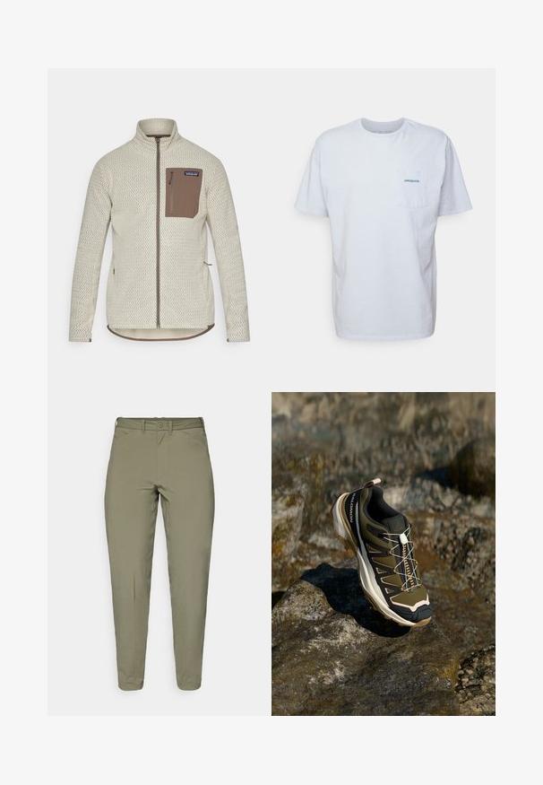 Heledbeez žakk, millel on tekstureeritud muster, pruun tõmbluku tasku rinnal ja vastandlike pruunide tõmblukudetailidega. Pika varrukaga, seisva kaelusega.; Valge puuvillane t-särk lühikeste varrukatega, ümar kaelus ja vasakpoolne rinnatasku koos sinise "Patagonia" logoga. Klassikaline lõige, sileda tekstuuriga.; Heledad oliivrohelised püksid sujuva tekstuuriga, kitseneva lõikega, vöörihmadega ja ühe nööbiga sulgemisega taljes.; Olive rohelised ja mustad matkasaapad roosade aktsentidega. Omab tekstuurset ülemist osa, painduvaid põhi, tugevdatud varbakaitset ja värvilist paeltesüsteemi.