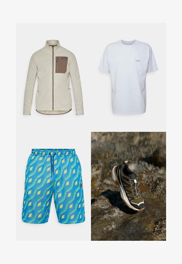 Ljusbeige jacka med en strukturerad mönster, en brun dragkedjeförsedd bröstficka och kontrasterande bruna dragkedjedetaljer. Långa ärmar, ståkrage.; Vit bomulls t-shirt med korta ärmar, rund hals och ett vänster bröstficka med en blå "Patagonia"-logotyp. Klassisk passform med en slät textur.; Blå simbyxor med ett geometriskt mönster i grönt och gult, utrustade med resårmidja, dragsko och en liten logotyp.; Vandringsskor i olivgrönt och svart med rosa detaljer. Har en texturerad ovandel, flexibel sula, förstärkt tåhätta och en färgglad snörningssystem.