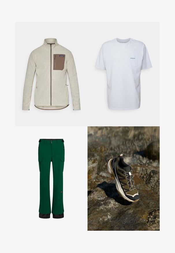 Chaqueta de un beige claro con un patrón texturizado, un bolsillo en el pecho con cremallera marrón y detalles de cremallera marrón en contraste. Manga larga, collar de pie.; Camiseta de algodón blanca de manga corta, con cuello redondo y un bolsillo en el pecho izquierdo que presenta un logotipo azul de "Patagonia". Corte clásico con una textura suave.; Pantalones impermeables verdes con corte recto, cintura elástica, bolsillos tipo cargo, bolsillos laterales con cremallera y un ribete negro en la parte inferior.; Zapato de senderismo en verde oliva y negro con toques de rosa. Cuenta con una parte superior texturizada, suela flexible, capuchón de punta reforzado y un sistema de cordones colorido.