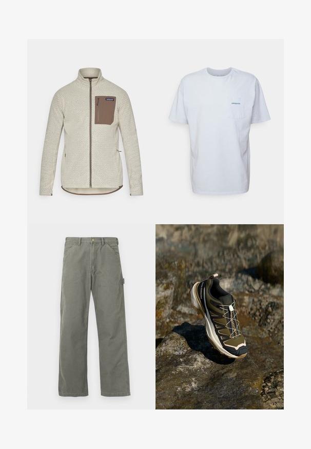 Jachetă bej deschis cu un model texturat, un buzunar pe piept cu fermoar maro și detalii de fermoar maro contrastante. Mâneci lungi, guler ridicat.; Tricou alb din bumbac cu mâneci scurte, guler rotund și un buzunar pe pieptul stâng, având un logo albastru "Patagonia". Croială clasică cu o textură netedă.; Pantaloni cargo verde măsliniu, din amestec de bumbac. Prezintă un design cu picior drept, buzunar lateral cargo și închidere cu nasture metalic.; Ghete de drumeție în verde măsliniu și negru cu accente roz. Caracteristici: un material texturat în partea superioară, o talpă flexibilă, o vârful întărit și un sistem de șireturi colorate.