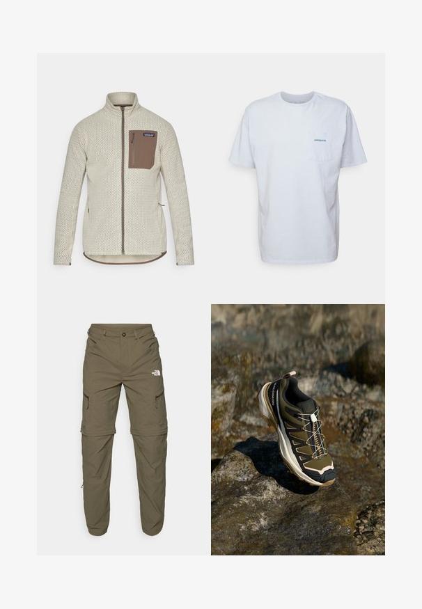 Lys beige jakke med et teksturert mønster, en brun glidelåslomme på brystet og kontrasterende brune glidelåsdetaljer. Lange ermer, ståkrage.; Hvit bomulls t-skjorte med korte ermer, rund hals og en lomme på venstre bryst med en blå "Patagonia" logo. Klassisk passform med jevn tekstur.; The North Face EXPLORATION TAPERED CONVERTIBLE - Friluftsbukser - new taupe green; Fjellsko i olivengrønn og svart med rosa detaljer. Har en teksturert overdel, fleksibel såle, forsterket tåhette og fargerik snøringssystem.
