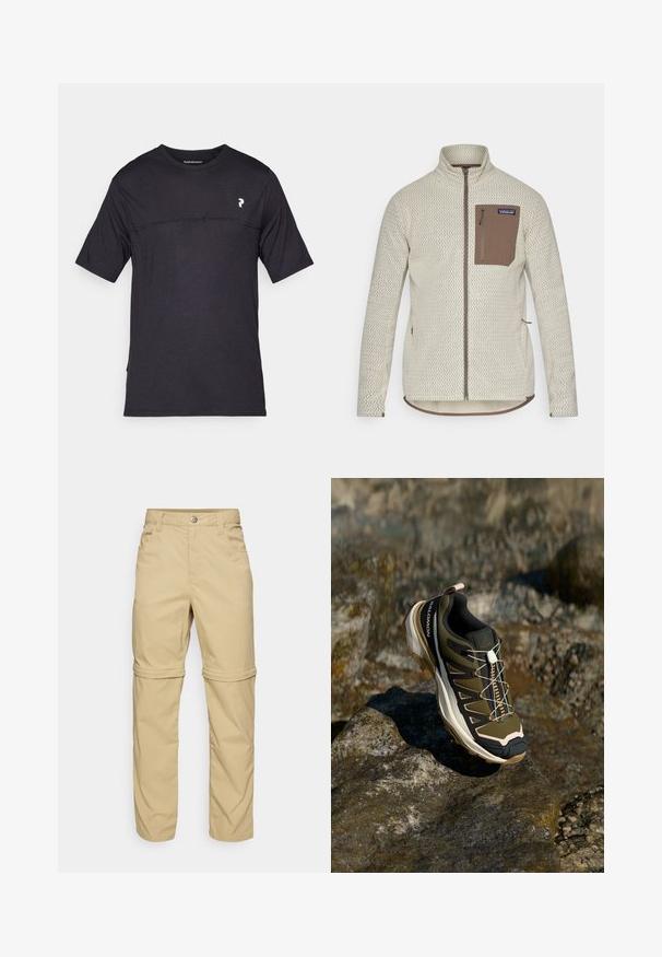 Hellbeige Jacke mit strukturiertem Muster, einer braunen Reißverschlusstasche auf der Brust und kontrastierenden braunen Reißverschlüssen. Lange Ärmel, Stehkragen.; Peak Performance TRAIL - T-Shirt print - black; Beige Zip-off-Hosen mit glatter Textur, ausgestattet mit zwei Seitentaschen, einer Knopfverschluss und hochrollbaren Säumen für Vielseitigkeit.; Wanderschuh in Olivgrün und Schwarz mit pinken Akzenten. Verfügt über ein strukturiertes Obermaterial, eine flexible Sohle, eine verstärkte Zehenkappe und ein farbenfrohes Schnürsystem.