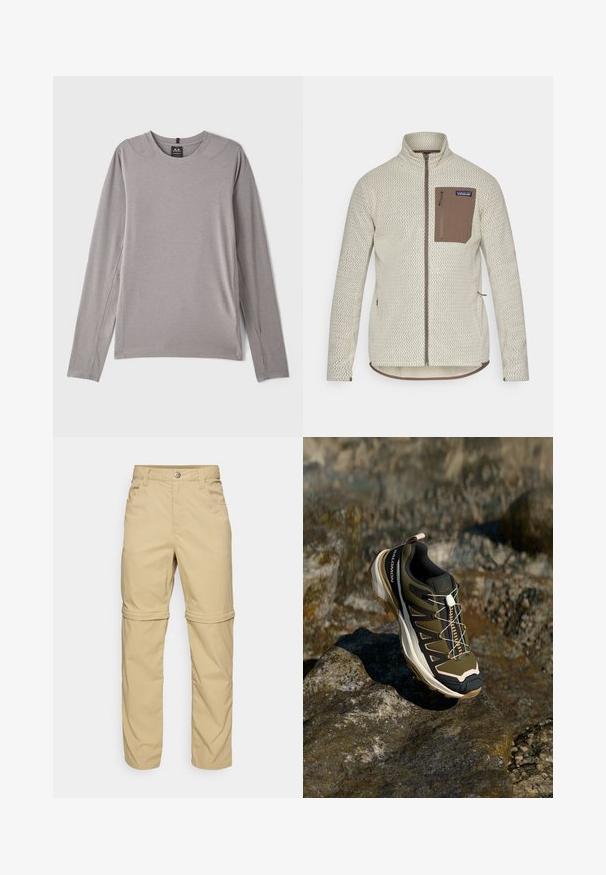 Svetlo béžová bunda s štruktúrovaným vzorom, hnedá zipsová náprsné vrecko a kontrastné hnedé zipsové detaily. Dlhé rukávy, stojací golier.; Šedá dlhá rukávová košeľa s okrúhlym výstrihom, bočnými rozparkami a hladkým, elastickým materiálom. Minimalistický dizajn bez vzorov alebo ozdôb.; Béžové nohavice s odnímateľnými nohavicami, s hladkým povrchom, obsahujúce dve bočné vrecká, zapínanie na gombík a manžety na zväčšenie na všestrannosť.; Turistická obuv v olivovo zelenej a čiernej farbe s ružovými akcentmi. Má textúrovaný zvršok, flexibilnú podrážku, vystuženú špičku a farebný systém šnurovania.