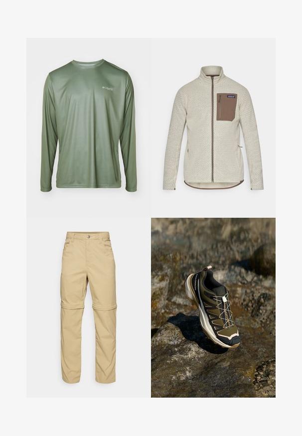 Svetle béžová bunda s texturovaným vzorem, hnědým zipovým náprsním kapsou a kontrastními hnědými detaily na zipu. Dlouhé rukávy, stojáček.; Columbia TERMINAL TACKLE PFG LINE TIME - Top s dlouhým rukávem - cypress; Béžové kalhoty se zipem, hladkého povrchu, s dvěma bočními kapsami, knoflíkovým zapínáním a ohrnovacími manžetami pro všestranné použití.; Trekové boty v olivově zelené a černé barvě s růžovými detaily. Mají texturovaný svršek, flexibilní podrážku, vyztuženou špičku a barevný systém šněrování.