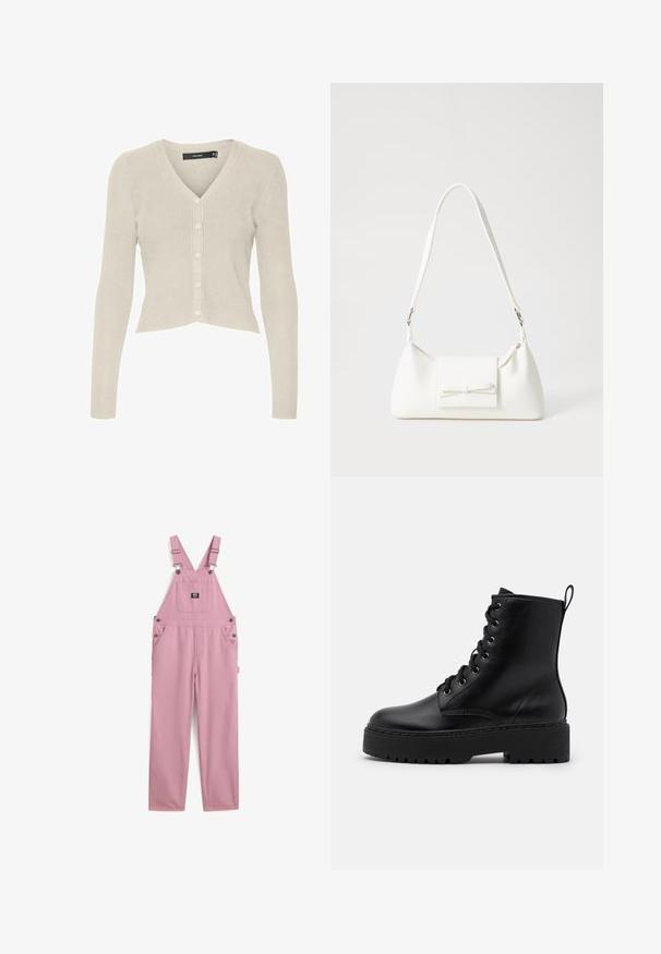 Svart kviltad puffjacka med hög krage, med dragsko-stängningar och två framfickor. Mjuk textur och oversized passform.; Beige, rippad cardigan med V-öppning och sex knappar. Har långa ärmar och en kortad fåll. Slät textur, lättviktig tyg.; Vit långärmad crop top, tillverkad av mjuk bomull, med rund halsringning och en åtsittande design med minimala sömmar och utan dekorationer.; Rosa bomullsoveraller har justerbara axelremmar, två framfickor och en fyrkantig bröstficka, med metallbeslag.; Svart läderankelboot med en tjock, texturerad sula, rund tå och metallöglor för snörning. Har en dragflik på baksidan.; Vit syntetisk handväska med triangulär form, platt framklaff och rosettdetalj, justerbar rem, slät textur och minimalistisk design.