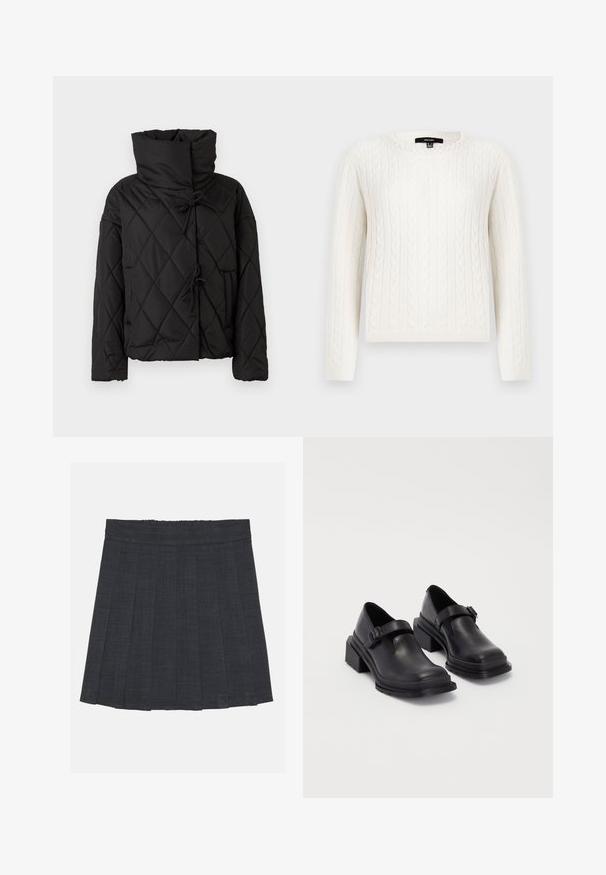 Schwarze gesteppte Pufferjacke mit hohem Kragen, ausgestattet mit Kordelzugverschlüssen und zwei Fronttaschen. Weicher Textil und oversized Schnitt.; Weißer Strickpullover mit Kabelmuster, langen Ärmeln, rundem Halsausschnitt und einem dekorativen Perlenakzent am Kragen. Weicher Stoff und taillierte Passform.; Dunkelgrauer, plissierter Rock mit elastischem Bund, aus einem strukturierten Stoff und in klassischer A-Linie. Geeignet für die Freizeit.; Schwarze Lederhalbschuhe mit runder Zehenpartie, flacher Sohle und einem Riemen mit Schnallen-Detail. Robuster Blockabsatz für zusätzliche Stabilität.