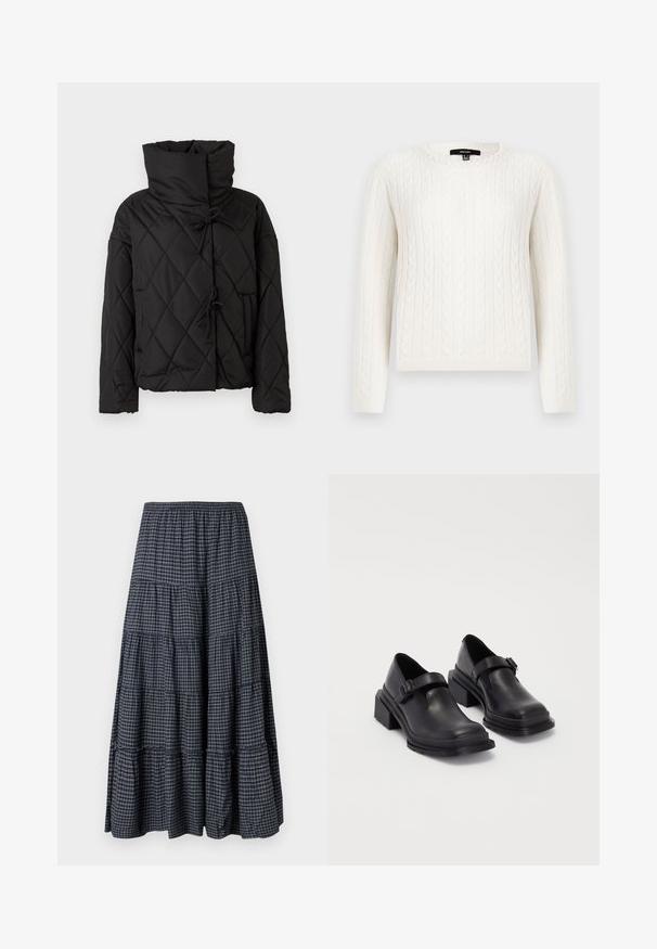 Czarna pikowana kurtka puchowa z wysokim kołnierzem, z zapięciem na sznurki i dwoma przednimi kieszeniami. Miękka tekstura i luźny krój.; Biały sweter z splotem w warkocze, z długimi rękawami, okrągłym dekoltem i ozdobnym akcentem z pereł w okolicy kołnierza. Miękka tekstura i dopasowany krój.; Spódnica maxi na zakładki w granatową kratę, z elastycznym paskiem, wieloma warstwami materiału i miękkim, teksturowanym wykończeniem.; Czarna skórzana obuwie z zaokrąglonym czubkiem, płaską podeszwą i paskiem z klamrą. Grubszy blokowy obcas dla dodatkowej stabilności.