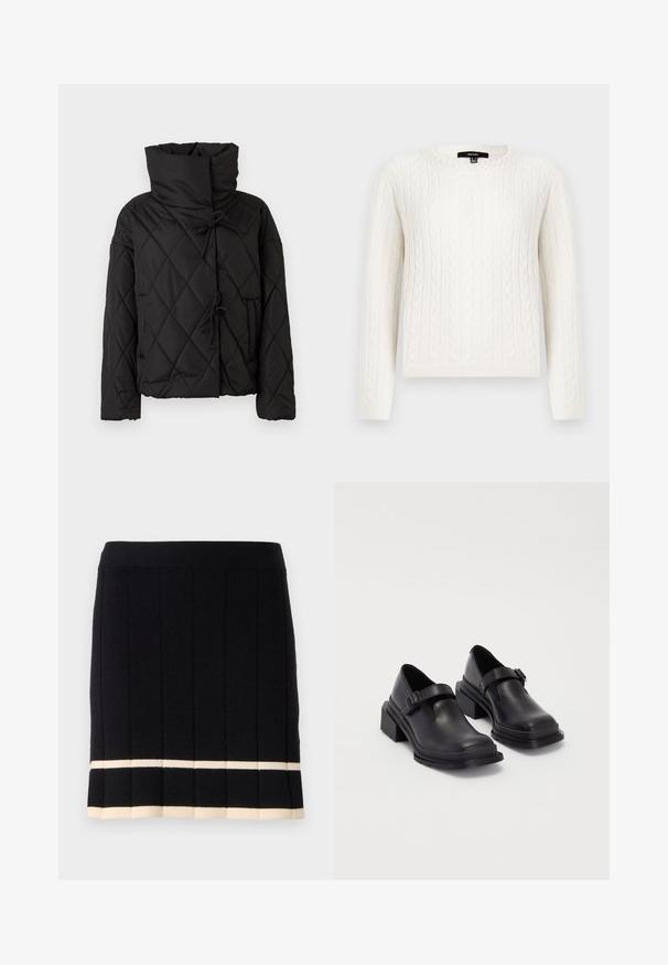 Melna quiltota pūka jaka ar augstu apkakli, ar pielāgojamiem aizdariem un divām priekšējām kabatām. Mīksta tekstūra un pārmērīgs piegriezums.; Balts adīts džemperis ar garām piedurknēm, apaļu kaklu un dekoratīvu pērļu akcentu pie apkakles. Mīksta tekstūra un pieguloša fasona.; Melnā adīta svārku ar vertikālām ribām, apakšējā malā ar kontrastējošu krēmkrāsas svītru. Elastīgs jostasvērts. Klasisks dizains.; Melnas ādas kurpes ar noapaļotu purngalu, plakanu zoli un siksniņu ar sprādzi. Masīvs bloku papēdis papildu stabilitātei.