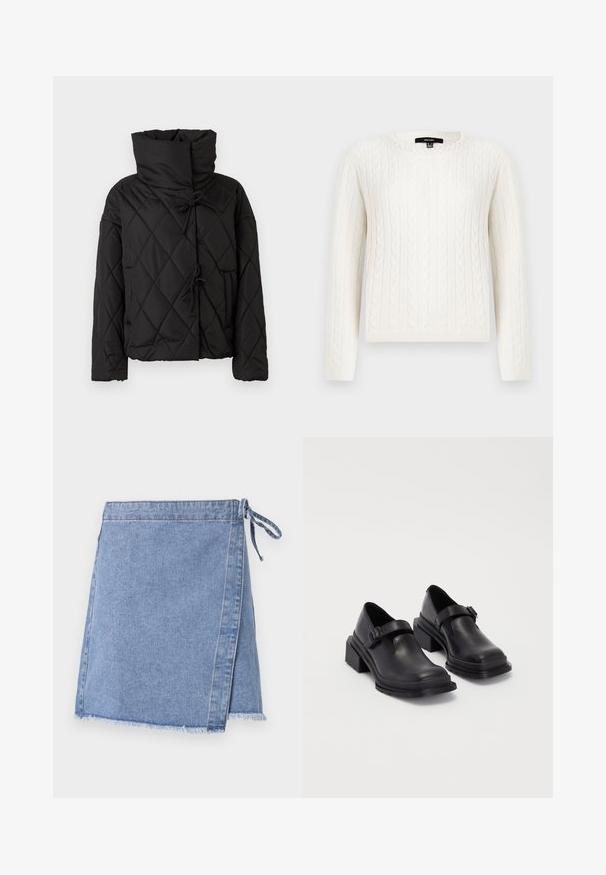 Čierna prešívaná puffa bunda s vysokým golierom, so sťahovacími šnúrkami a dvoma prednými vreckami. Mäkka textúra a nadmerný strih.; Biely sveter s pleteným vzorom, ktorý má dlhé rukávy, okrúhly výstrih a ozdobný perlový prvok na golieri. Mäkko sa nosí a je priliehavého strihu.; Denimová sukňa vo svetlom odtieni modrej, s viazaním, rozstrapkaným okrajom a rovný strih s jemným A-línie.; Čierne kožené topánky s okrúhlou špičkou, plochou podrážkou a remienkom s detailom pracky. Hrubý blokový opätok pre väčšiu stabilitu.
