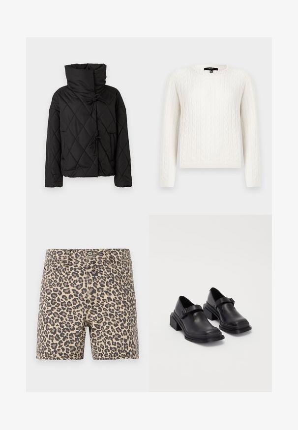 Černá prošívaná péřová bunda s vysokým límcem, se šňůrkovými uzávěry a dvěma předními kapsami. Jemná textilie a oversized střih.; Bílý svetr s pleteninou, dlouhými rukávy, kulatým výstřihem a dekorativním perlovým akcentem na límci. Měkká textura a přiléhavý design.; Džínové kraťasy s potiskem leopardí kůže v béžové a černé barvě. Klasický design s pěti kapsami, zapínání na knoflík a poutka na opasek. Hladká textura.; Černé kožené boty s kulatou špičkou, plochou podrážkou a páskem s detaily s přezkou. Masivní blokový podpatek pro zvýšenou stabilitu.