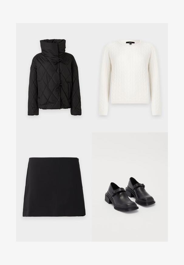 Veste matelassée noire avec col haut, dotée de fermetures à cordon et de deux poches avant. Texture douce et coupe oversize.; Pull en maille blanche avec des manches longues, un col rond et un accent décoratif en perles au niveau du col. Texture douce et design ajusté.; Mini jupe noire, coupe droite, avec une texture lisse, présentée à plat sur un fond blanc.; Chaussures en cuir noir avec un bout arrondi, semelle plate et une sangle avec une boucle décorative. Talon épais pour plus de stabilité.